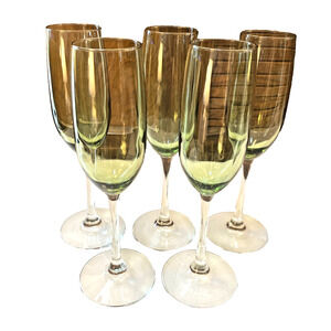 Long Stem Green Glass Champagne Wine Flutes Set (5) Clear Stem & Base Elegant